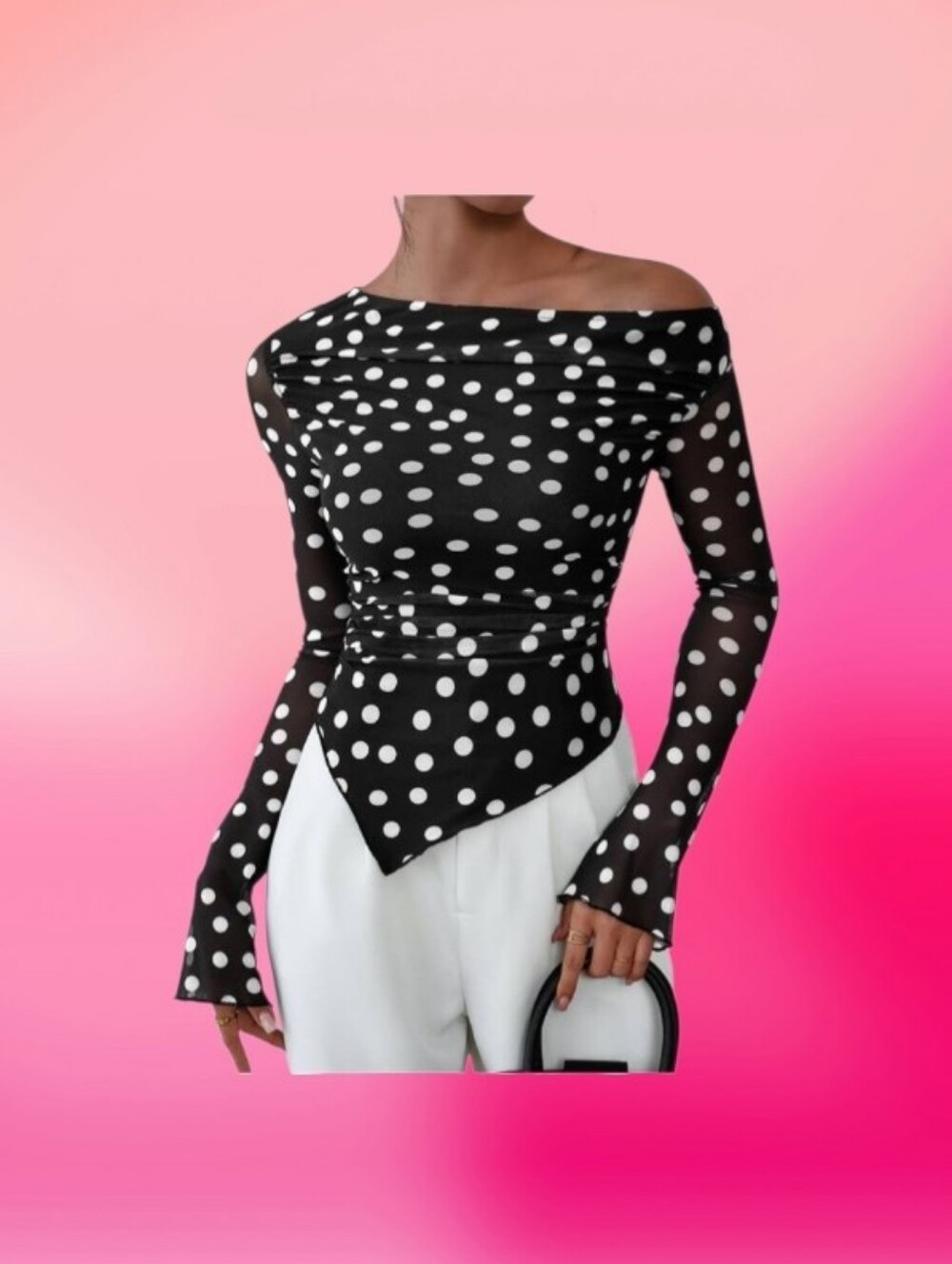 Amazon Black and White Polka Dot Off-Shoulder Mesh Blouse